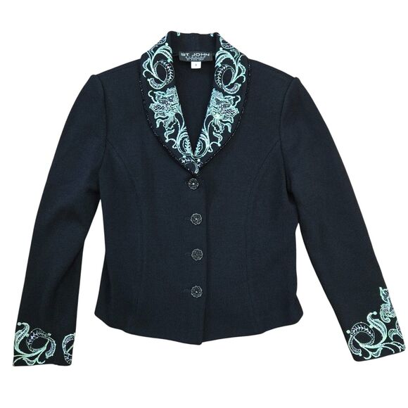 St. John Women Black jacket Sz 6 Embroidered Green Studs Rhinestone Santana Knit